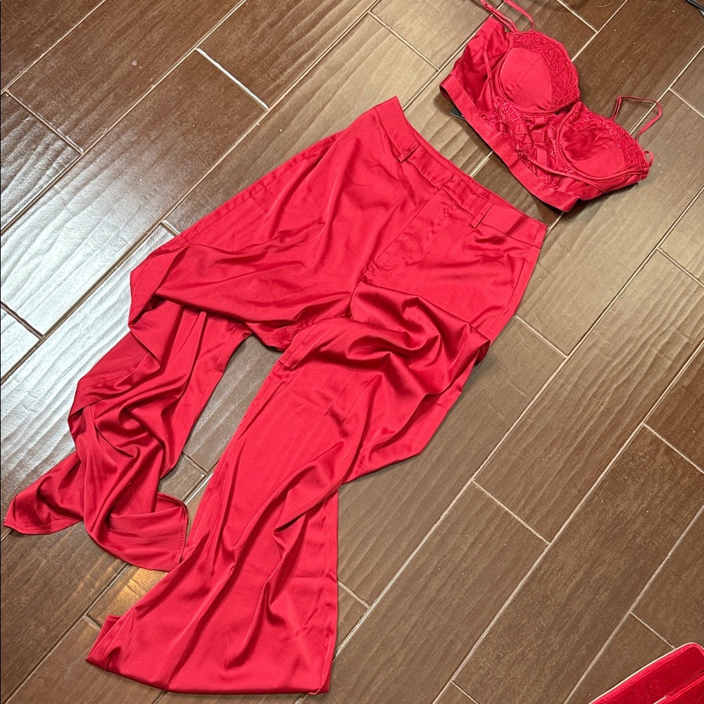 Fashion Nova Red Wide Leg Pants & Crop Top Set